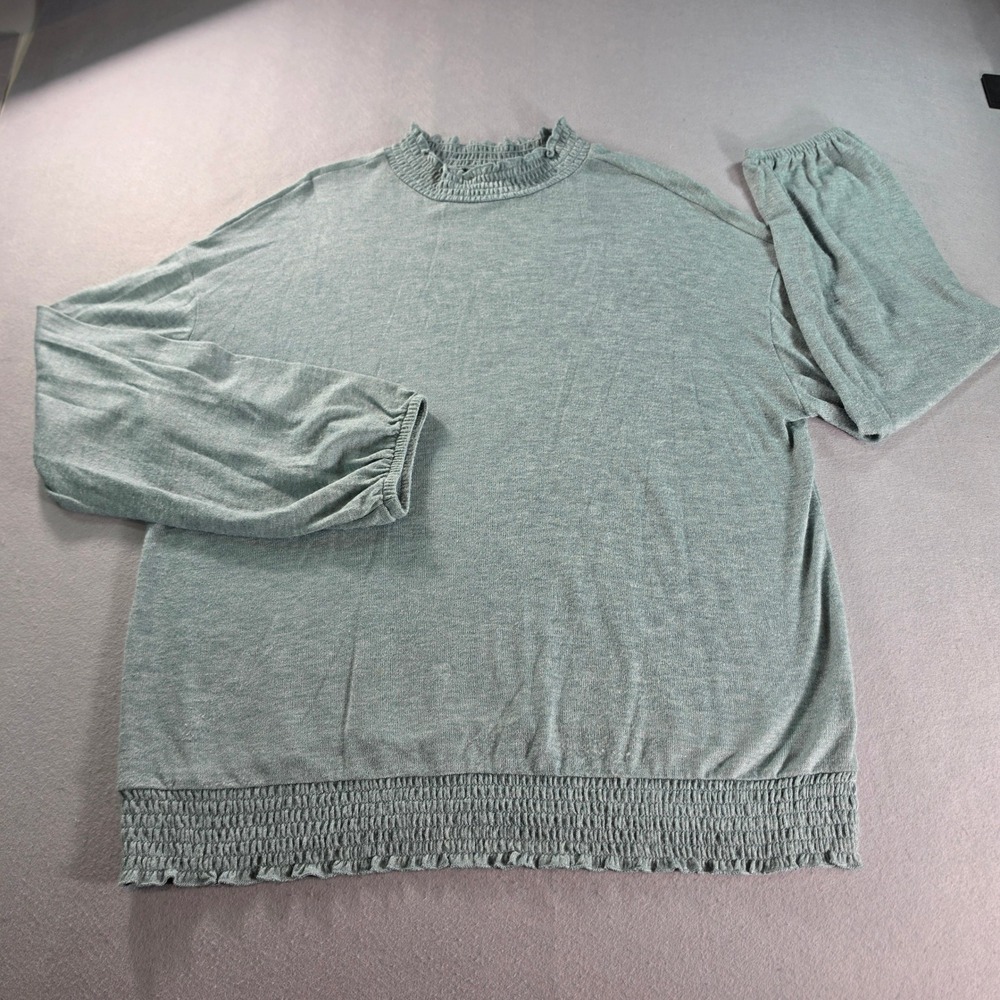 A New Day Womens XL Sage Green Smocked Mock Neck Balloon Sleeve Knit Top